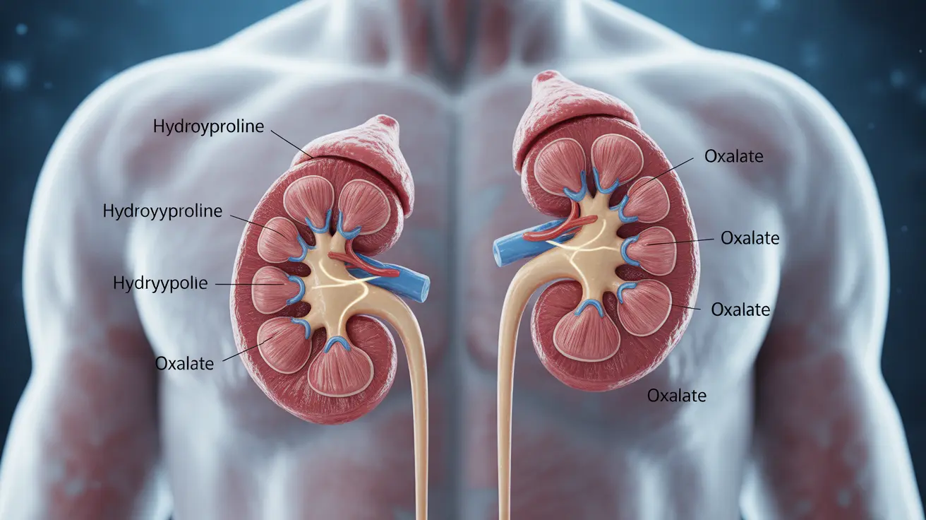 Detailed illustration showing kidneys with focus on collagen molecule integration and hydroxyproline conversion to oxalate on white background with blue tones