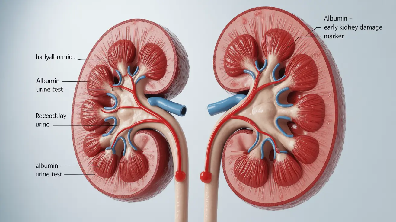 Detailed illustration of human kidneys showing urine flow with albumin proteins, highlighting kidney damage detection