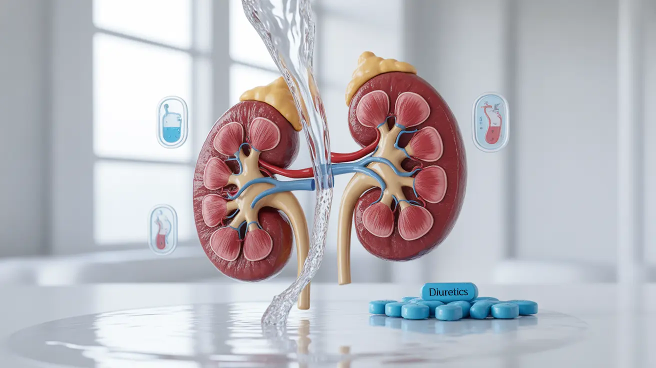 Illustration of human kidneys with water and pills representing diuretics, highlighting fluid and electrolyte changes on a clinical background