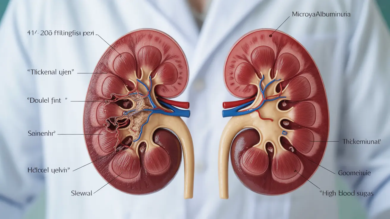 Illustration of human kidneys showing blood vessels damage causing microalbuminuria with labeled anatomical structures