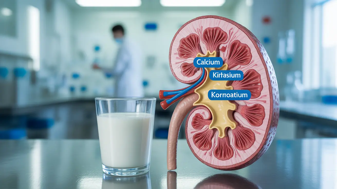 Illustration of human kidneys showing how calcium and potassium from milk affect urination, with a glass of milk under clinical lighting