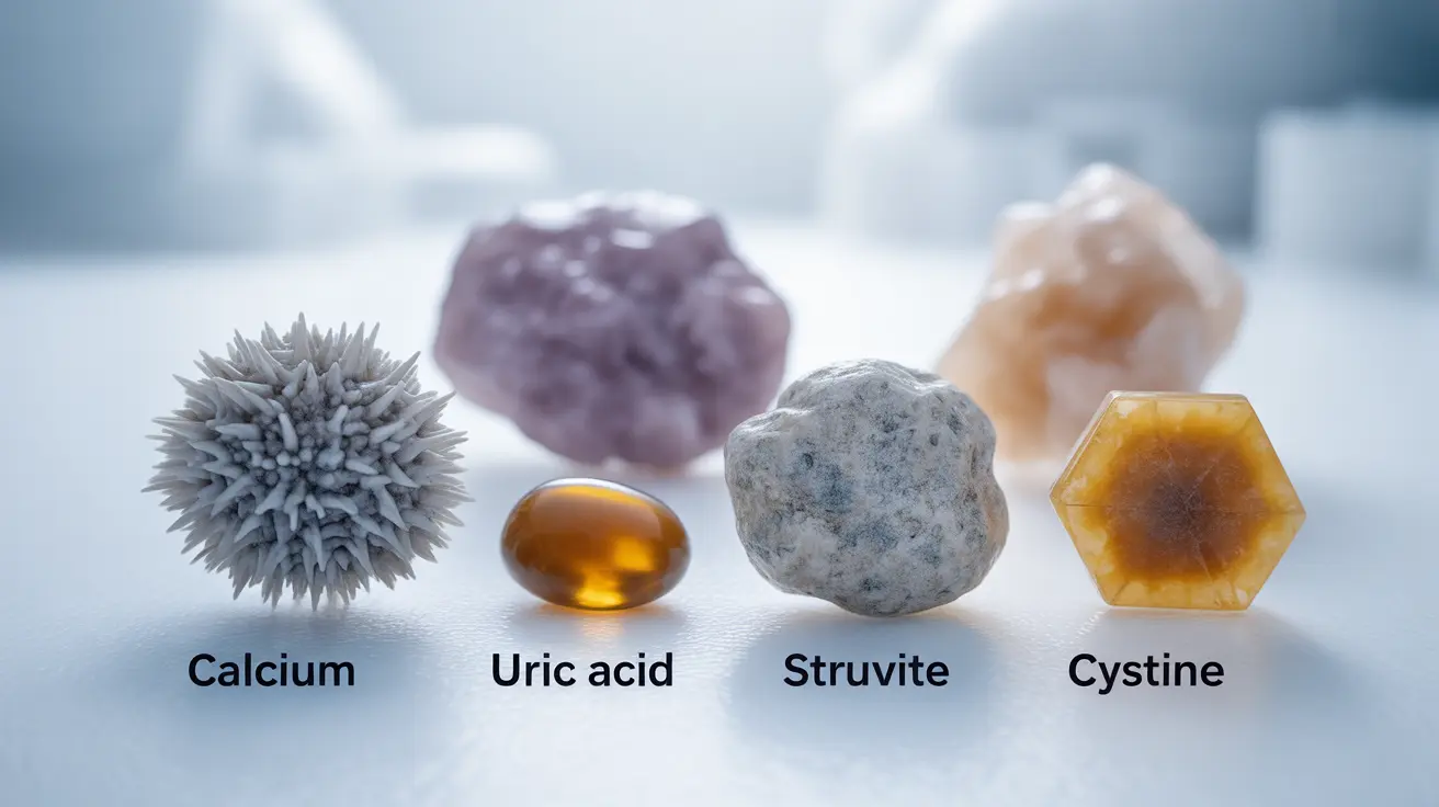 Detailed illustration showing types of kidney stones: spiky calcium, smooth amber uric acid, large crystal-like struvite, hexagonal yellow-brown cystine stones