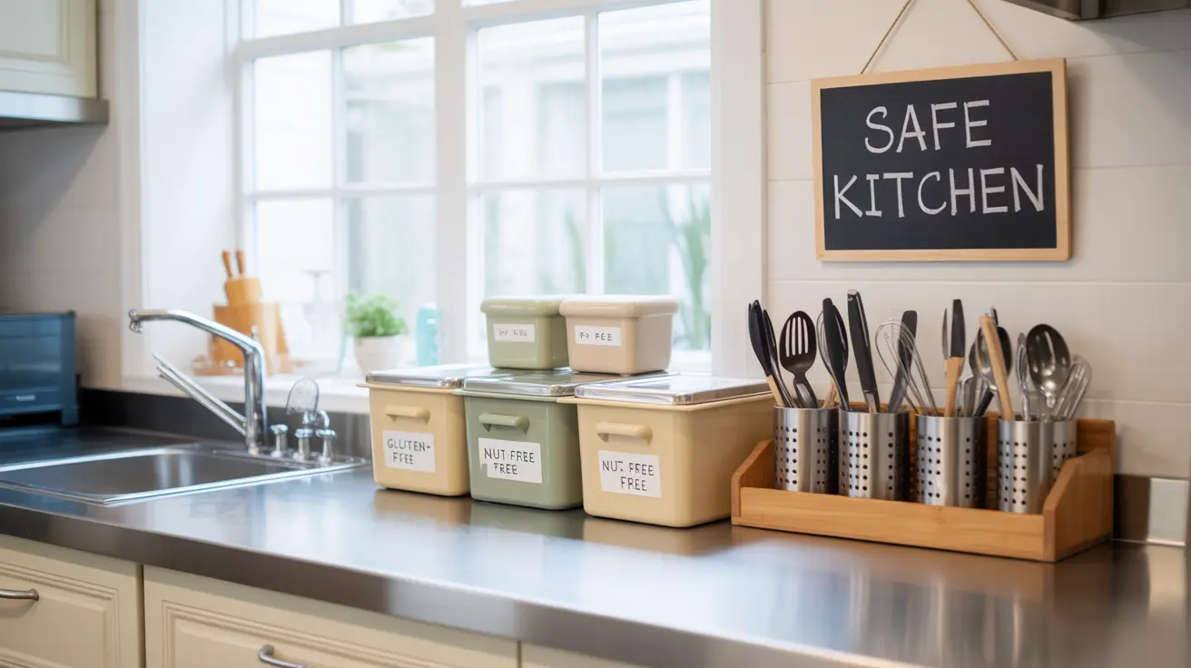Organized modern kitchen with labeled storage containers, separate utensils for peanut-free preparation, emphasizing hygiene practices
