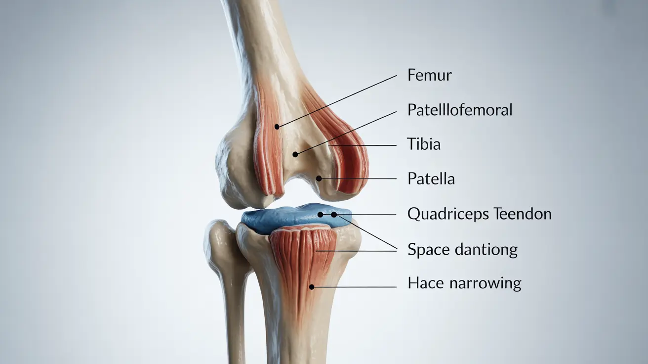 Detailed anatomical illustration of the knee joint highlighting patellofemoral joint space narrowing, with labels indicating anatomical structures, clean white background.