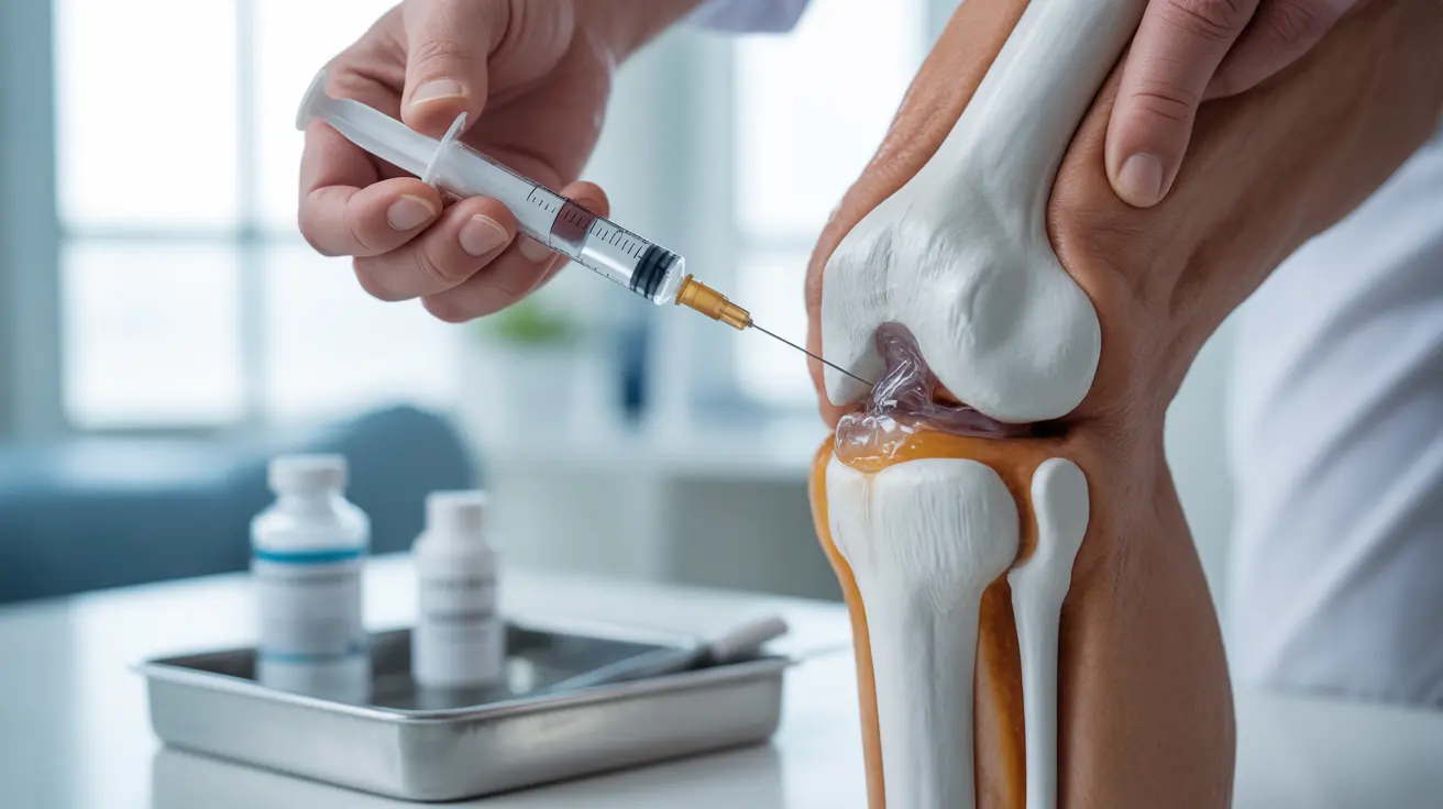 Detailed illustration of a knee joint in a clinical setting receiving a viscosupplement injection, highlighting anatomical knee details.