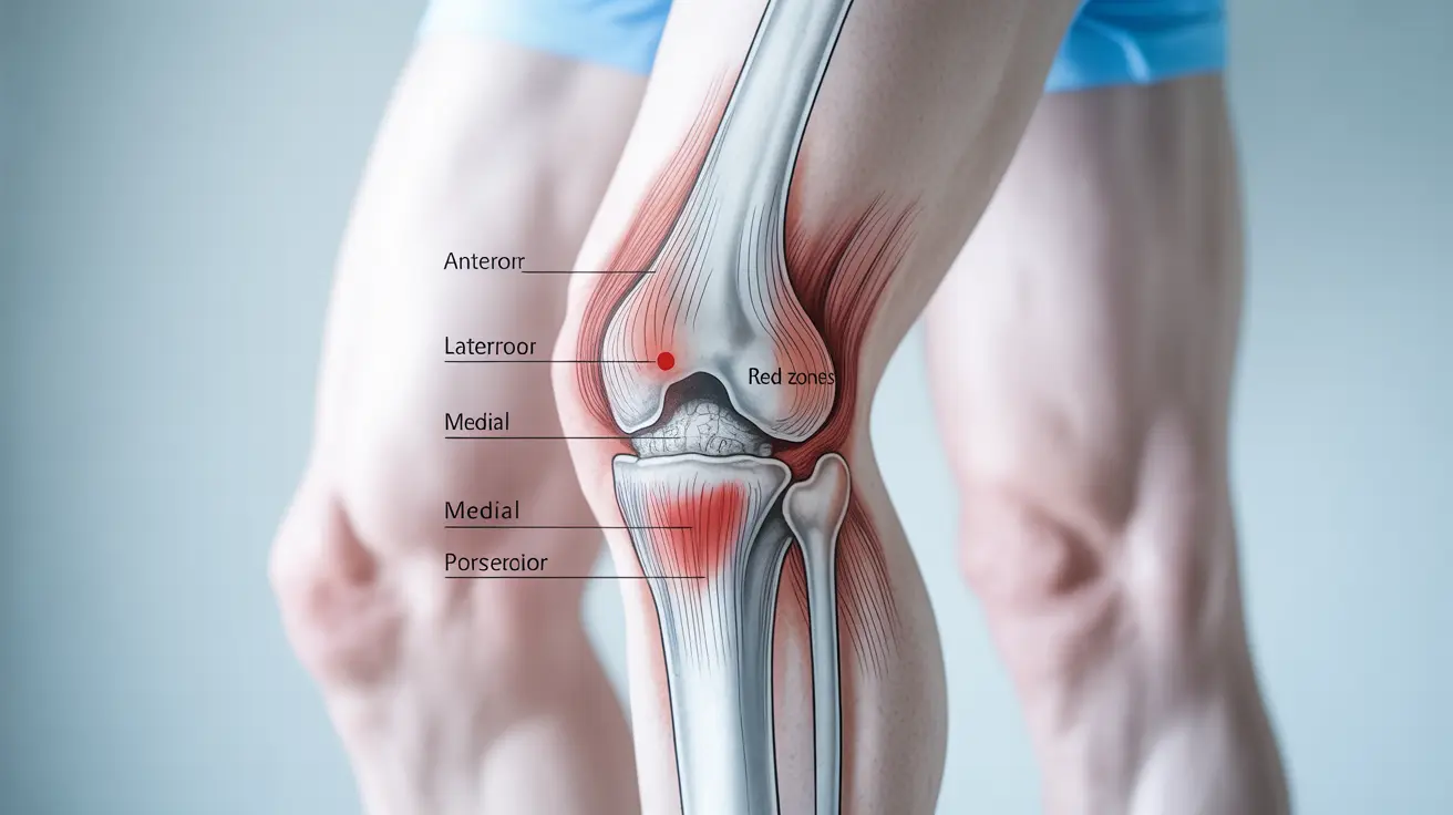 Illustration showing human knee from different angles, labeled diagrams highlighting anterior, lateral, medial, and posterior pain areas on a clinical white background