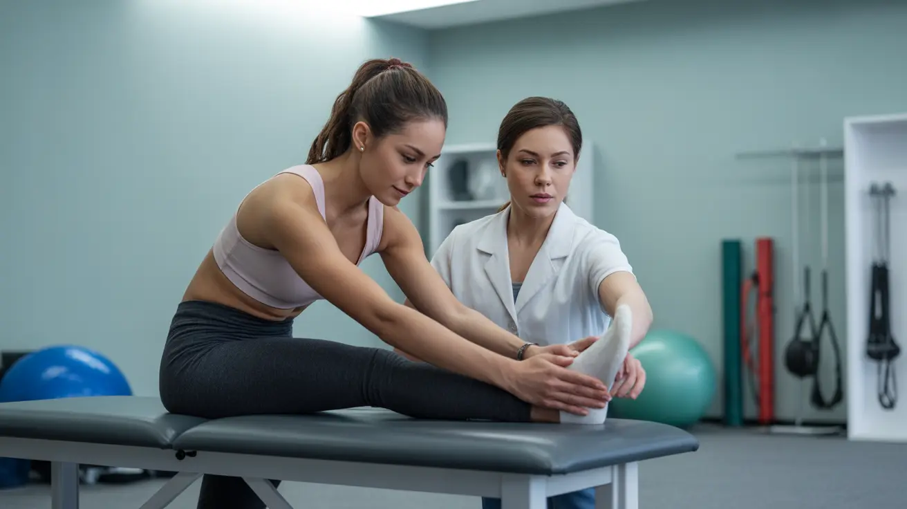 Individual performing knee rehabilitation exercises with a physical therapist in a clinic setting filled with exercise equipment