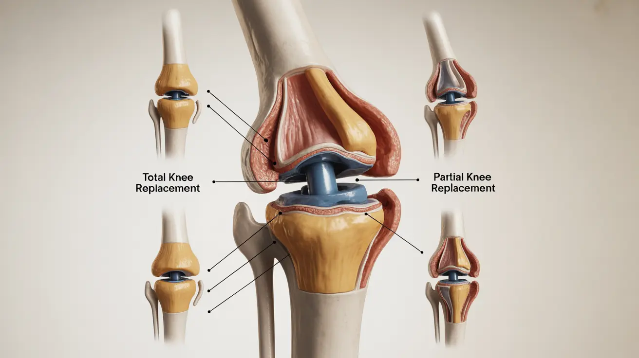 Detailed illustration of knee replacement procedures, displaying both total and partial knee replacements with labels indicating major components.