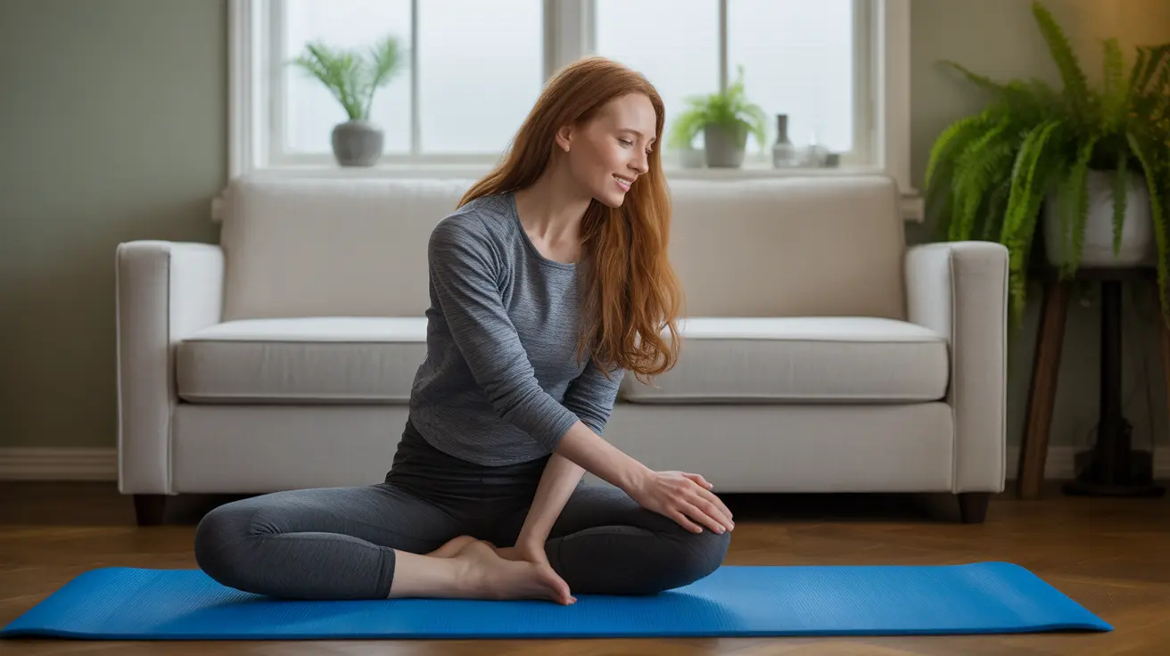 Individual performing knee stretching exercises while seated on a clean exercise mat in a bright living room