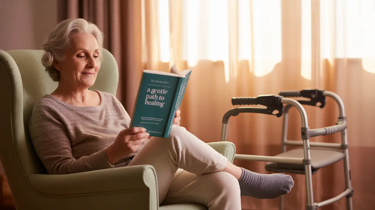 Person seated with leg elevated on a wedge pillow, surrounded by recovery equipment like a walker and shower chair in a home setting, arranged for comfort and accessibility.