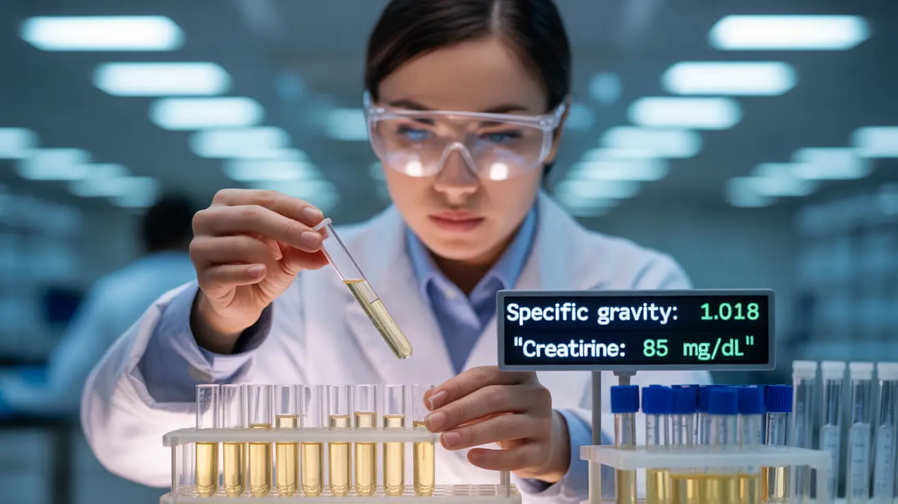 Detailed illustration of a laboratory scene showing a technician analyzing urine samples, with visuals representing dilution markers like specific gravity and creatinine levels, bright clinical lighting highlighting the samples.