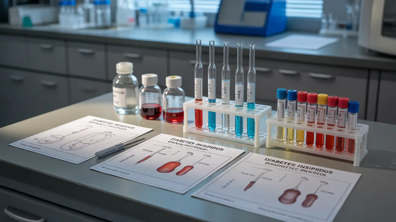 Clinical laboratory setting with vials, test tubes, and diagrams illustrating diabetes insipidus blood and urine tests.