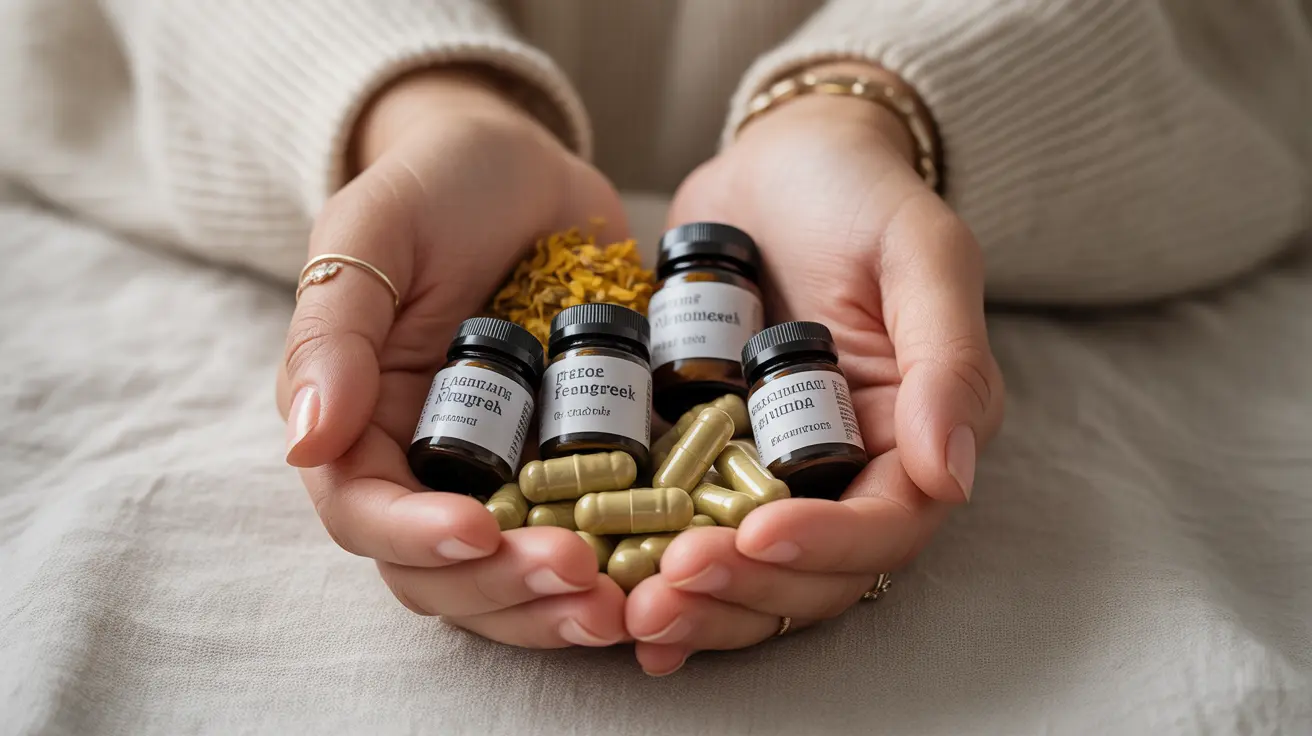Pair of hands holding various labeled lactation supplements including herbs like fenugreek and moringa, suggesting a home environment.