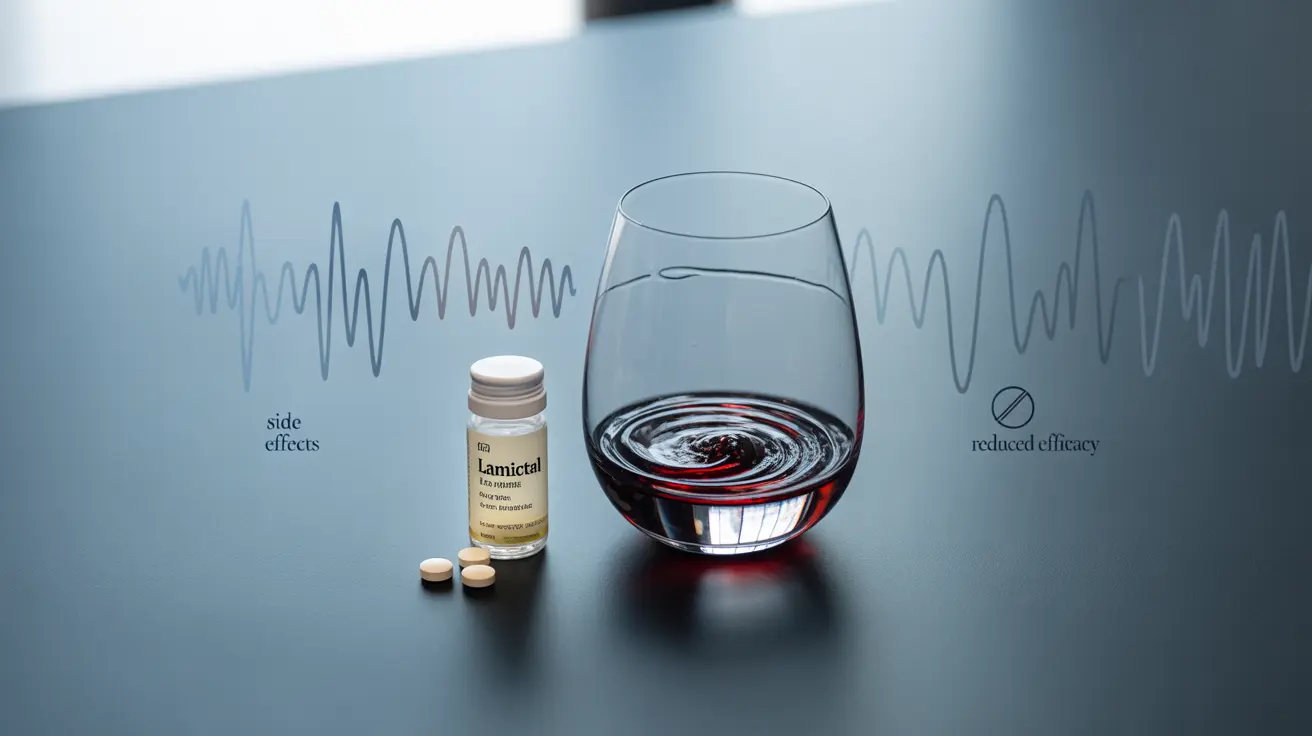 Illustration of Lamictal tablets with wine glass and brainwave patterns, highlighting risks of alcohol interaction