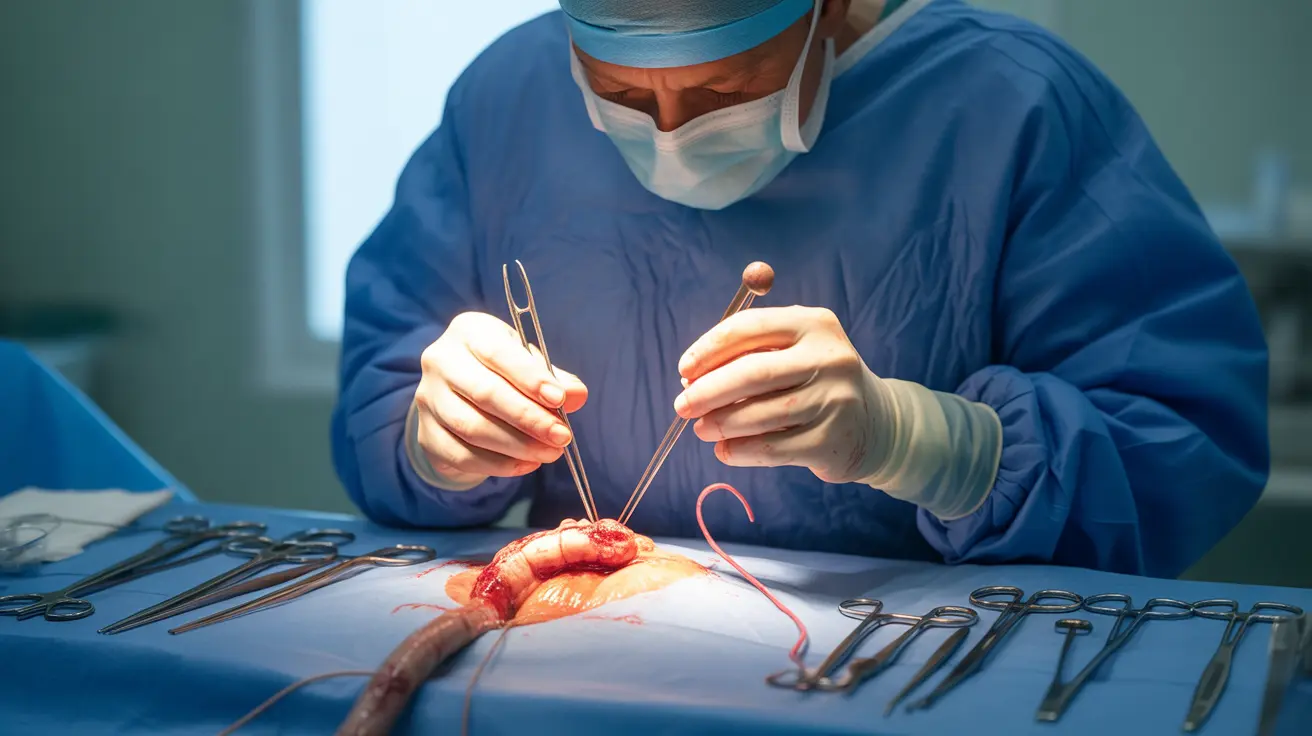 Illustration of large bowel resection showing surgical reconnection of intestine in a clinical setting