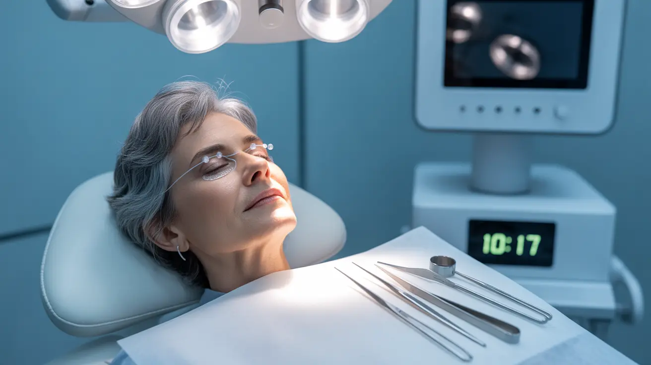 Patient calmly undergoing laser eye surgery with numbing drops, bright clinical lighting, modern equipment in a clean environment.