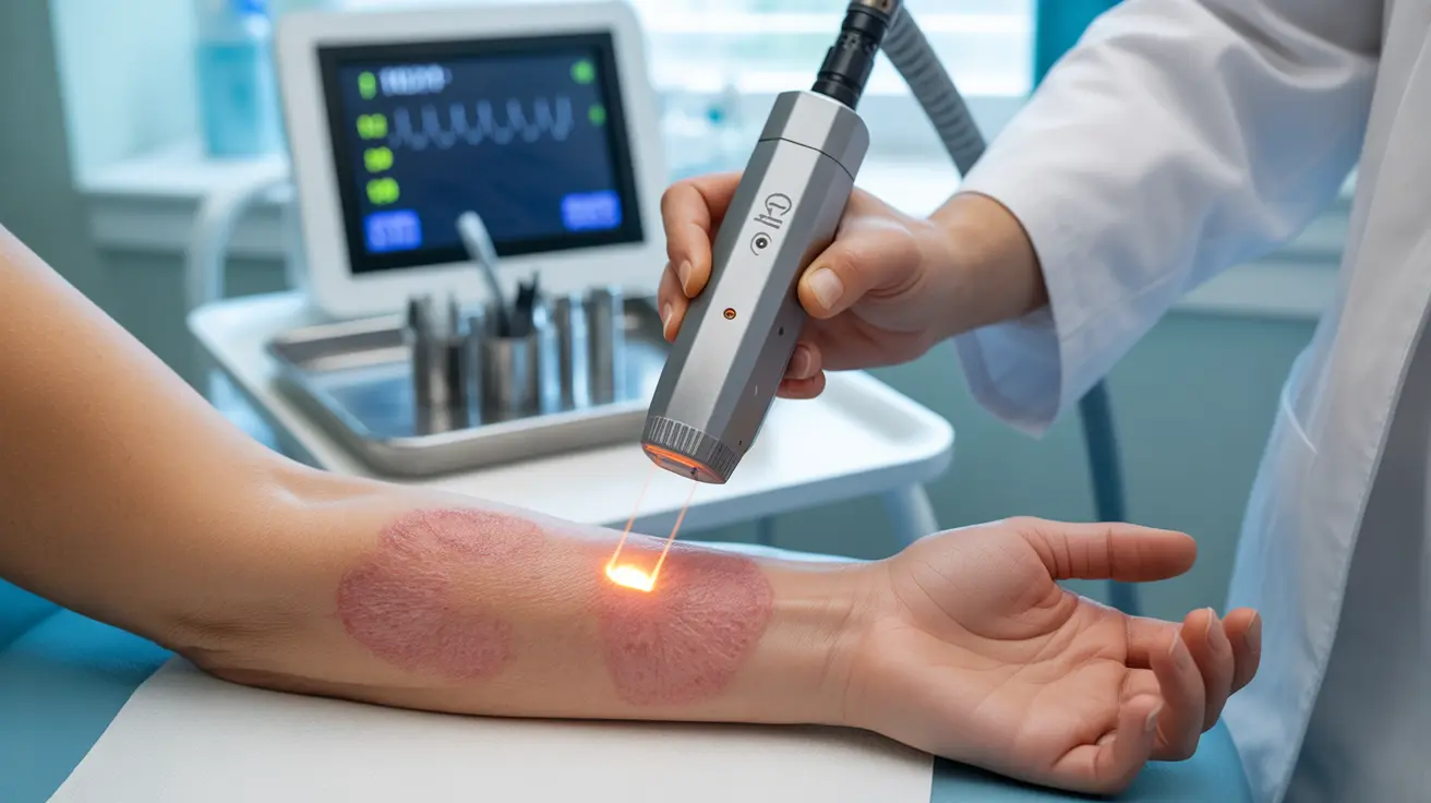 Illustration of laser therapy session on inflamed eczema skin with visible red patches, professional clinical setting