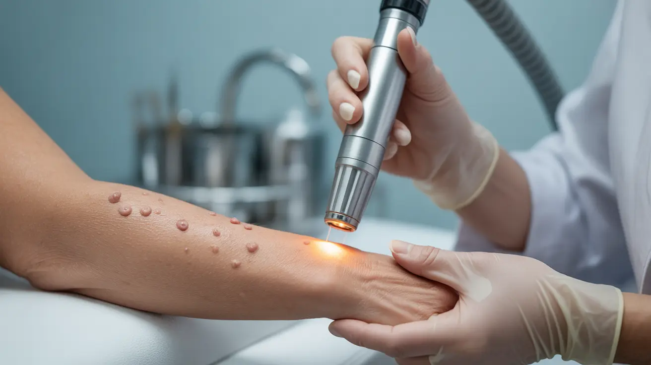 Illustration of a dermatologist using a laser handpiece on a patient's arm showing bumps of keratosis pilaris in a bright clinic