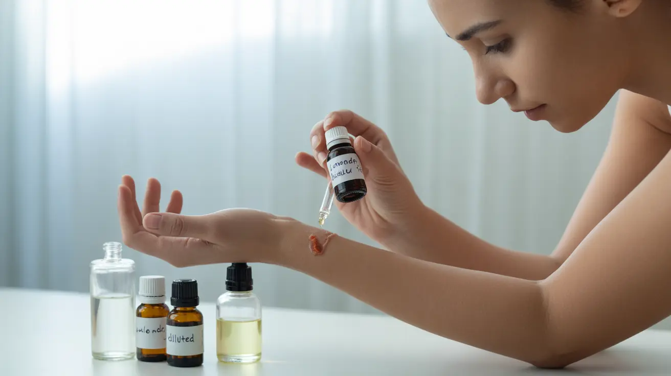 Detailed illustration of a person gently applying diluted lavender essential oil to a minor burn on their arm in a clean clinical environment with essential oils nearby.