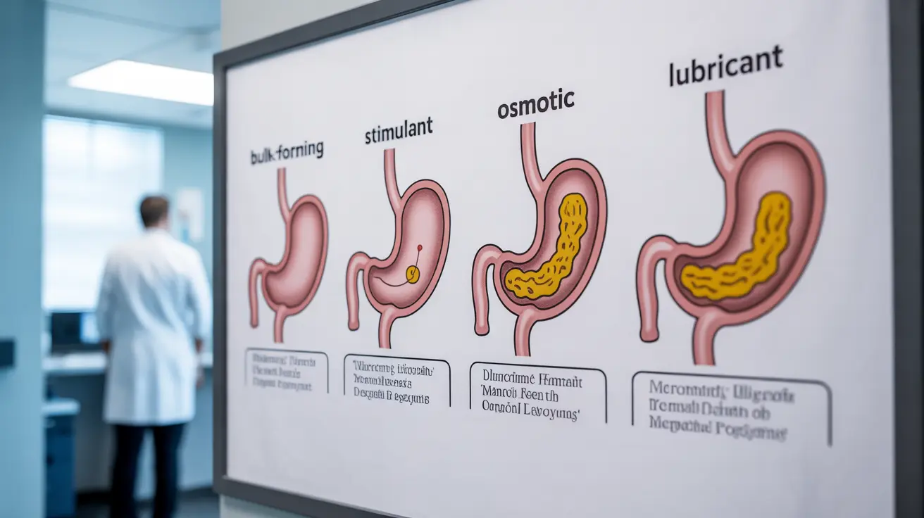 Educational diagram showing types of laxatives with visual mechanisms and risks in the digestive system against a clinical background