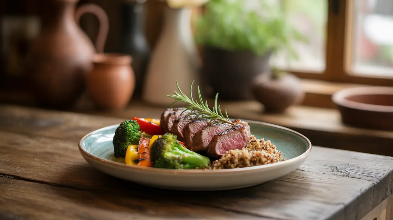 A plated meal with lean red meat, colorful vegetables, and whole grains on a kitchen table, emphasizing a balanced, heart-healthy diet