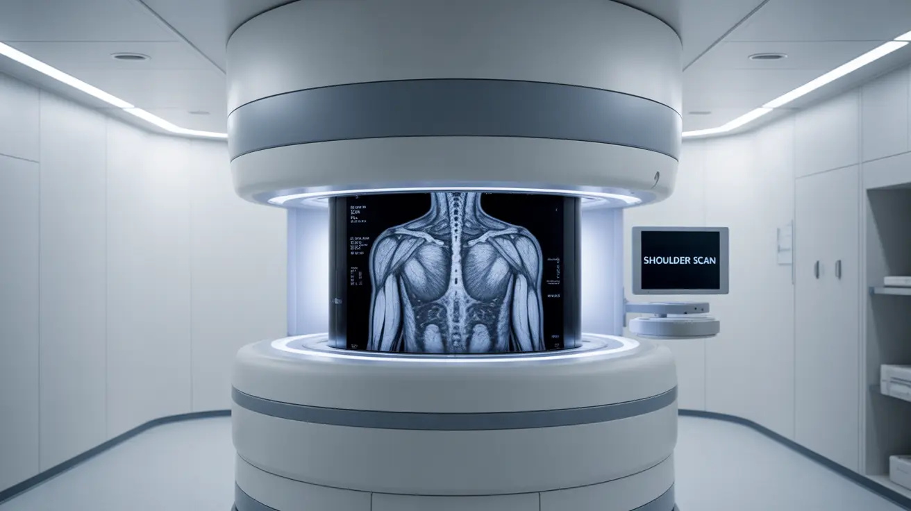 MRI machine capturing images of left shoulder's internal structures, detailed illustration in clinical setting