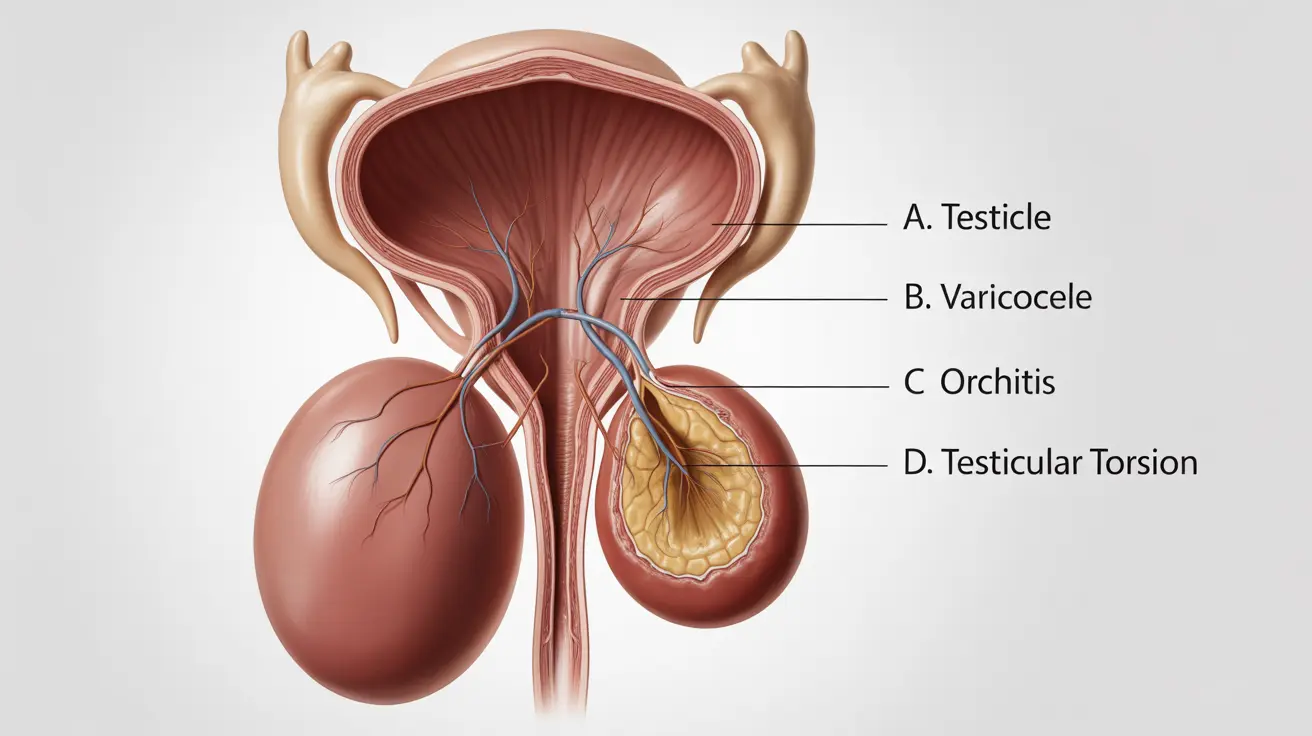 Detailed medical diagram of male reproductive system highlighting left testicle conditions like varicocele and torsion on white background