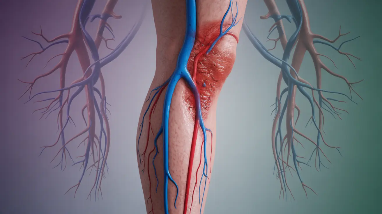 Detailed illustration of leg anatomy showing blood vessels, highlighting effects of polycythemia vera on blood flow, with an abstract circulatory system background.