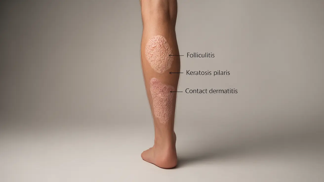 Illustration showing leg with pimples types like folliculitis and keratosis pilaris, labeled, in clinical lighting