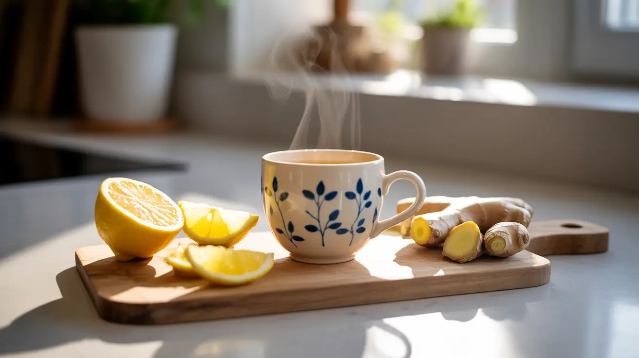 Steaming cup of lemon ginger tea on kitchen counter with lemon slices and ginger root in soft daylight