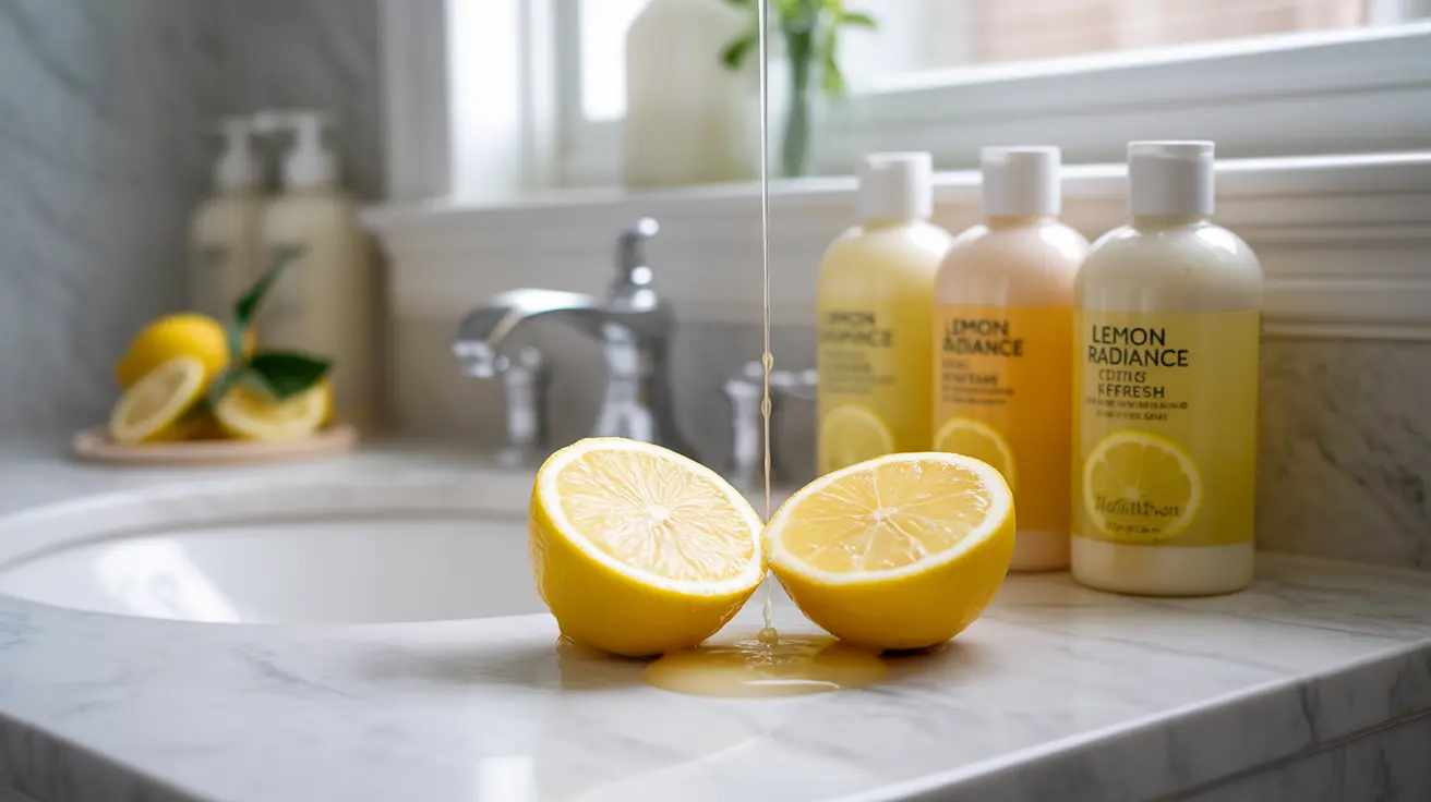 Detailed illustration of lemon halves and hair care products in a bright bathroom setting, highlighting diluted lemon juice mixture.