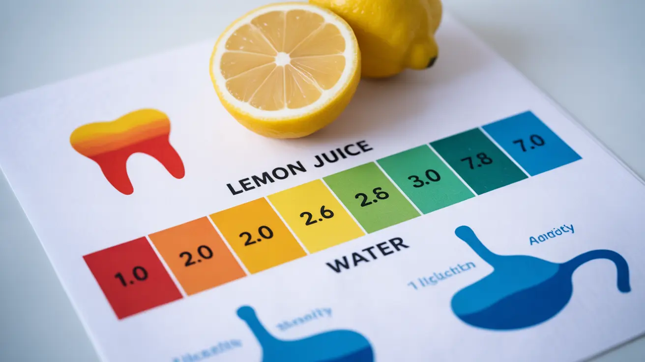 Illustration of pH scale with lemon juice at 2.0-2.6, water at 7.0, showing tooth enamel and digestive effects, with educational labels on white background