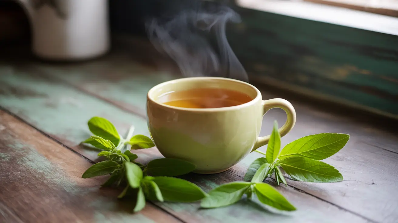 Steaming cup of lemon verbena tea on kitchen counter, with fresh leaves, warm lighting, natural wood surface