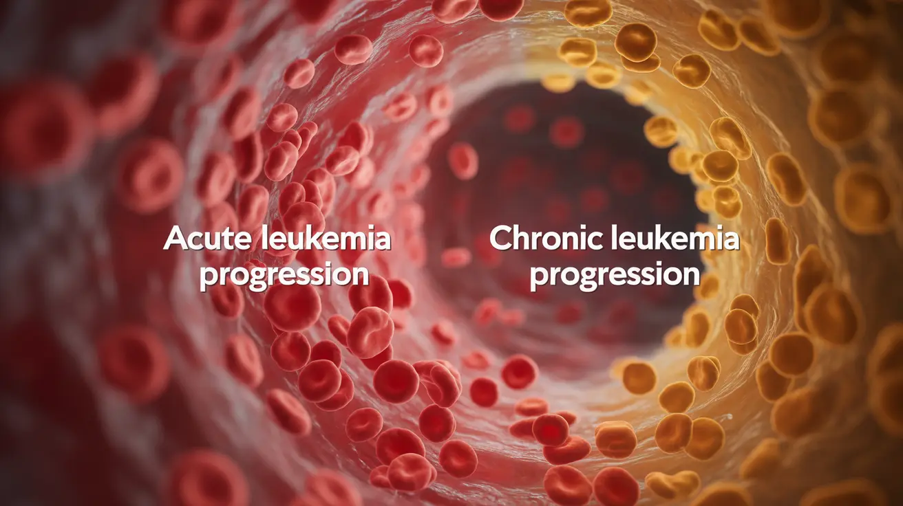 Illustration showing progression of acute and chronic leukemia with blood cell stages, labels, and abstract background
