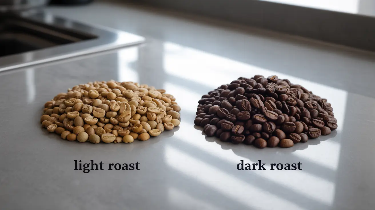 Illustration of light and dark roast coffee beans side by side, showing differences in color, size, and texture with educational infographic elements on white background