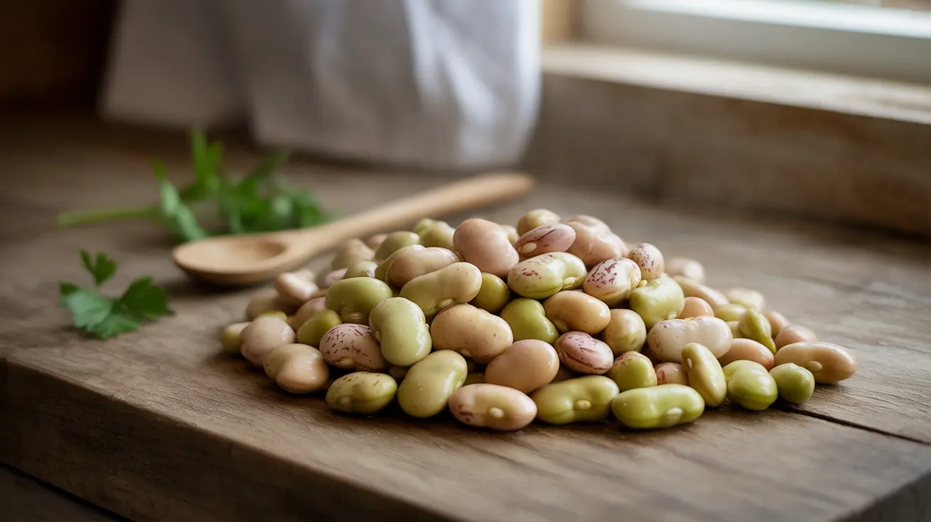 Close-up view of a variety of cooked lima beans on a kitchen counter, diverse colors and textures, natural daylight.