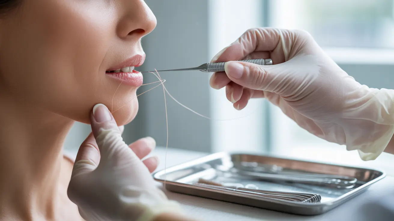 Detailed illustration, close-up of lip threading with PDO threads placed beneath lip surface in clinical setting