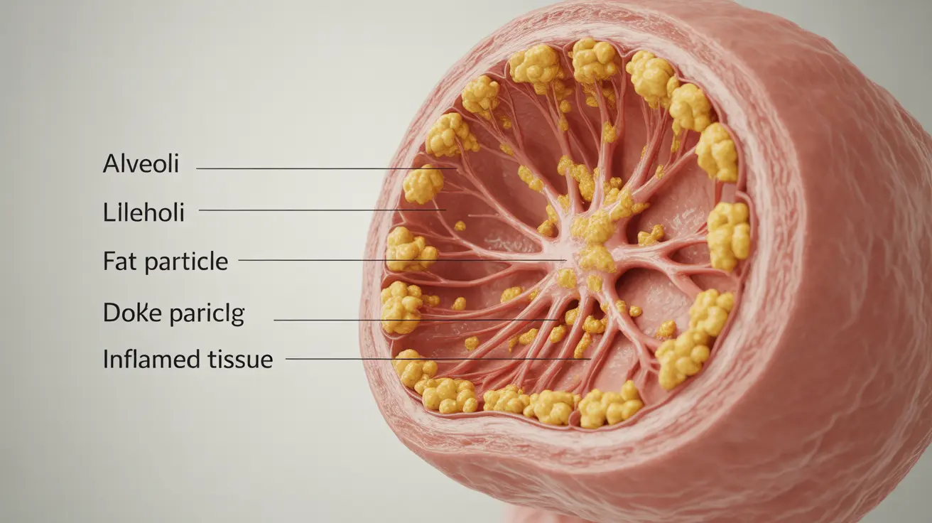 Illustration showing fat particles entering and inflaming lung tissues, focusing on alveoli, with labels, on a neutral pale background, educational style