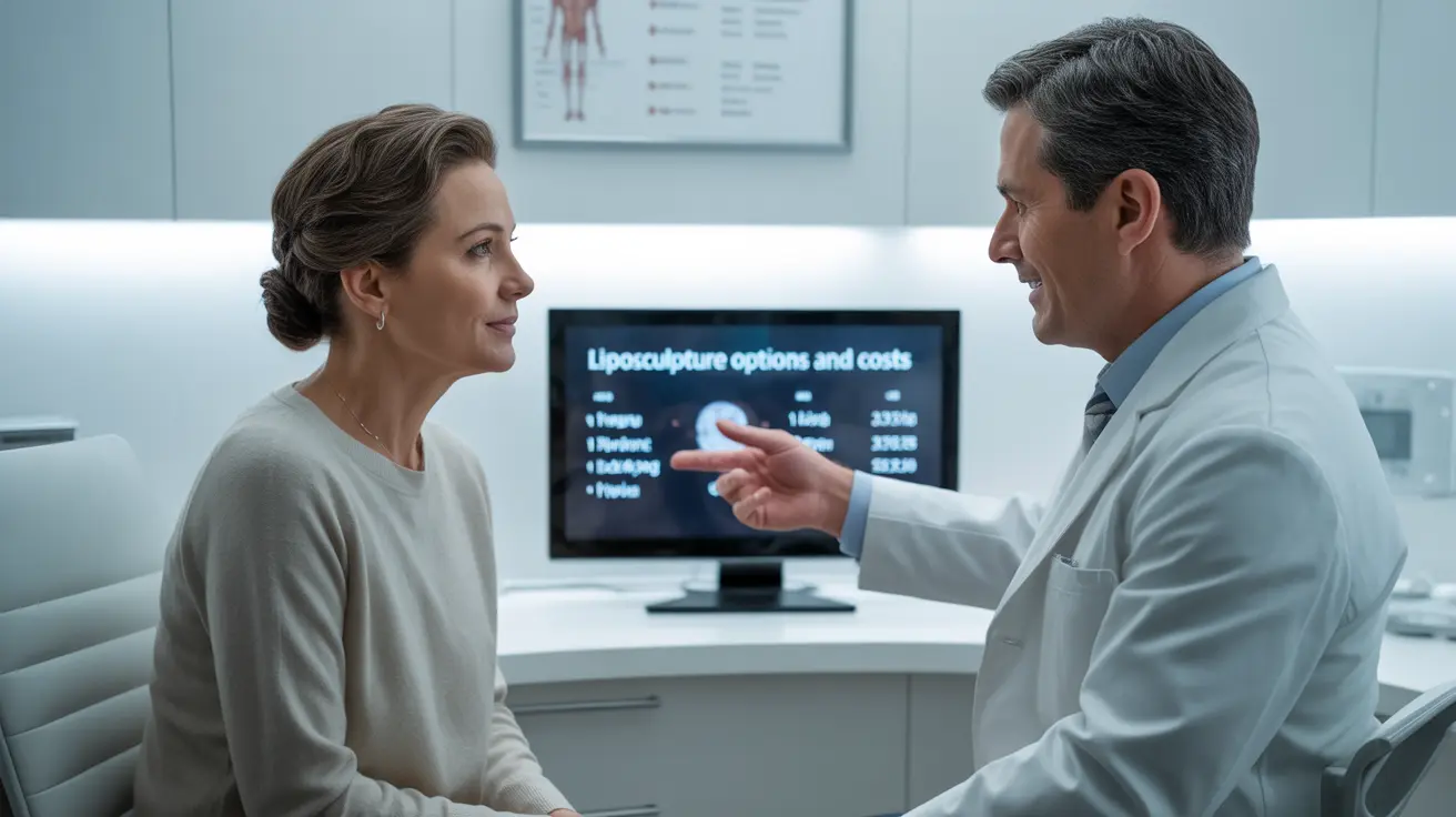 Plastic surgeon discussing liposculpture costs with patient in a modern clinic, charts and digital screens in the background