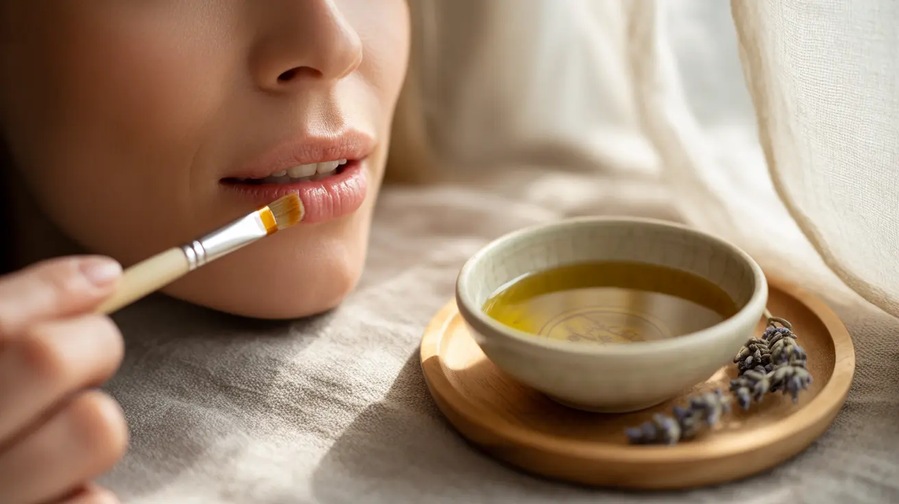 Detailed illustration of a close-up of lips being treated with castor oil, with a bowl of castor oil and natural ingredients nearby