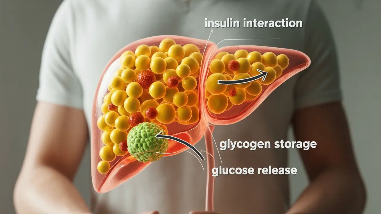 Detailed illustration showing liver's role in blood sugar regulation with diagrams of glucose storage, release, glycogen conversion, and insulin interactions in a medical context.