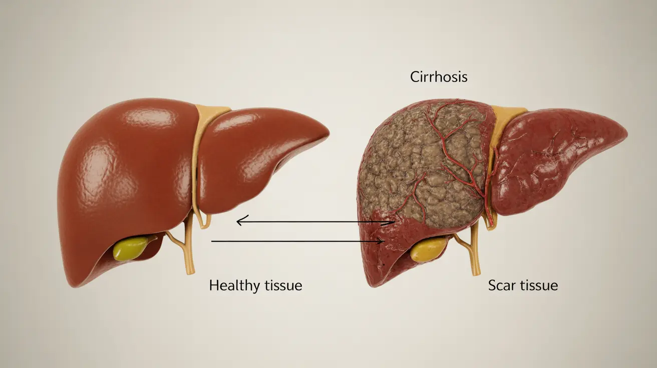 Detailed illustration of healthy and cirrhotic liver, labeled with disease progression arrows on white background