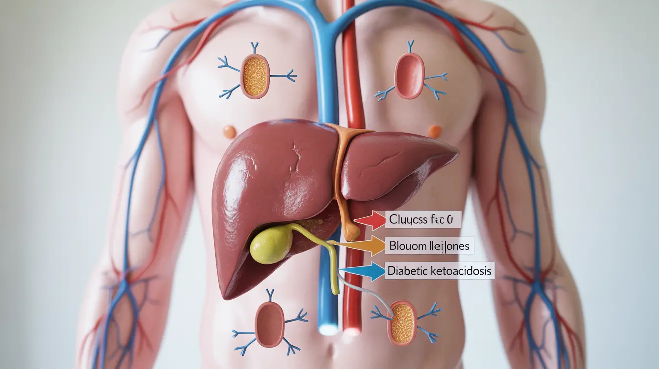 Detailed anatomical illustration depicting the liver breaking down fat into ketones, with labeled arrows showing the process's effects on blood sugar levels.