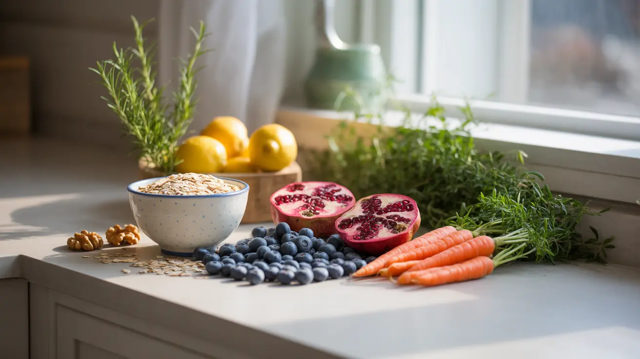 Detailed illustration of a vibrant kitchen counter featuring a variety of fresh fruits, vegetables, whole grains, and healthy fats, showcasing foods beneficial for liver health, bright natural lighting, clean and inviting atmosphere.