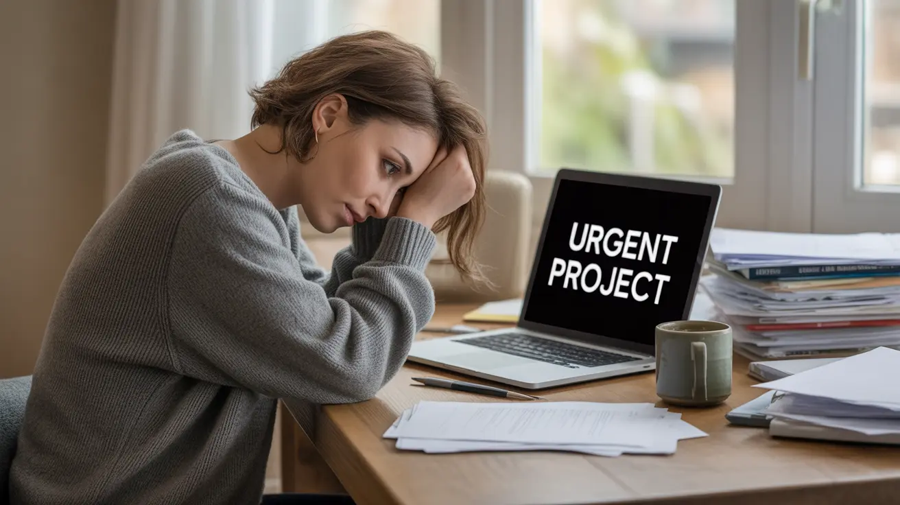 Person looking mentally exhausted at a home office desk with scattered papers and a laptop, surrounded by warm natural daylight.