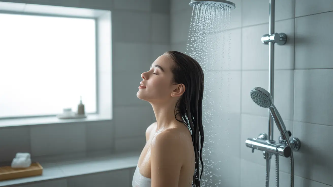 Person taking a cooler shower, pacing while on phone, sitting on couch drinking cold water in a calm, home environment