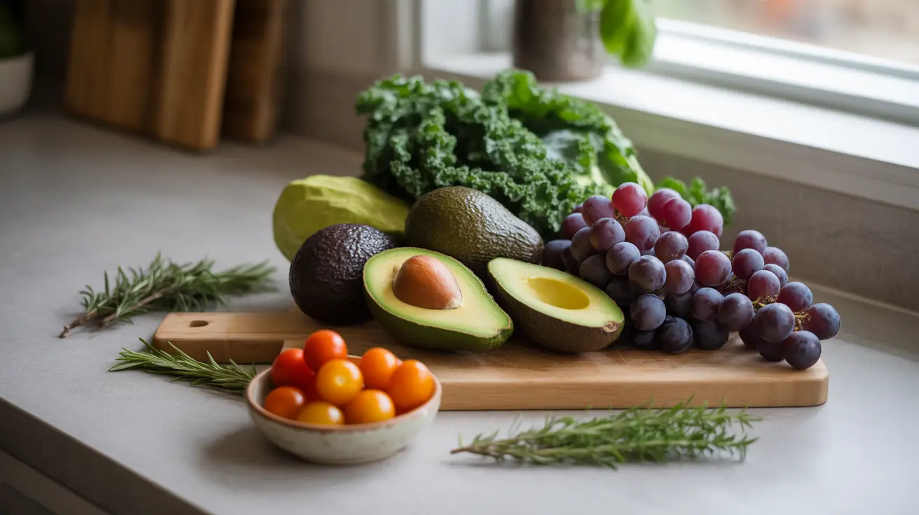 Detailed illustration of a kitchen countertop with fresh vegetables, herbs, and non-citrus fruits in bright natural lighting