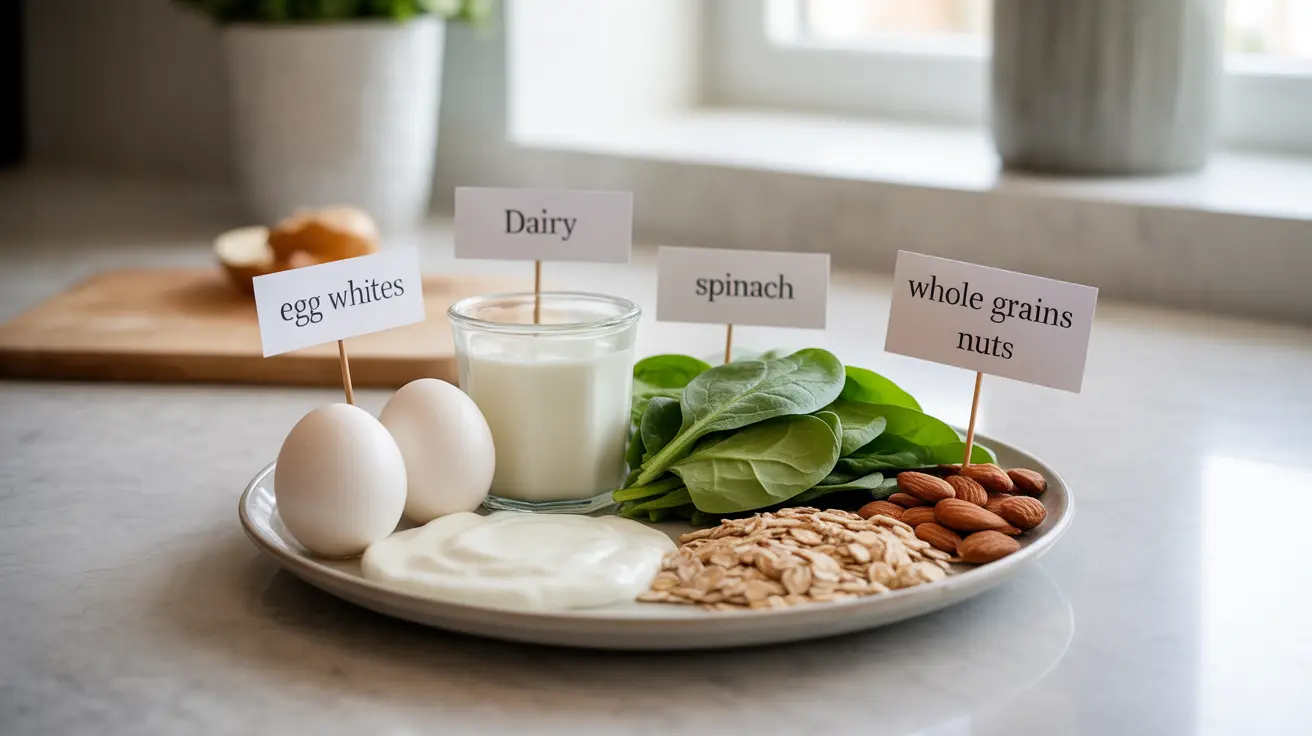 Detailed illustration of a bright kitchen countertop featuring a plate of low iron foods, including egg whites, dairy products, spinach, whole grains, and nuts, with clear labeling of each food item and their iron-reducing properties.