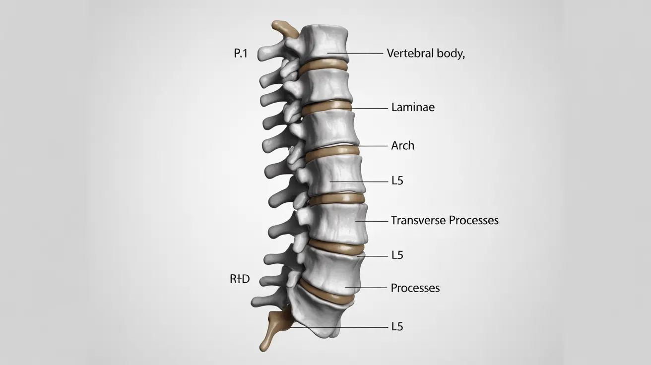 Detailed illustration of lumbar vertebrae L1 to L5 with anatomical features and labels, set against a white background