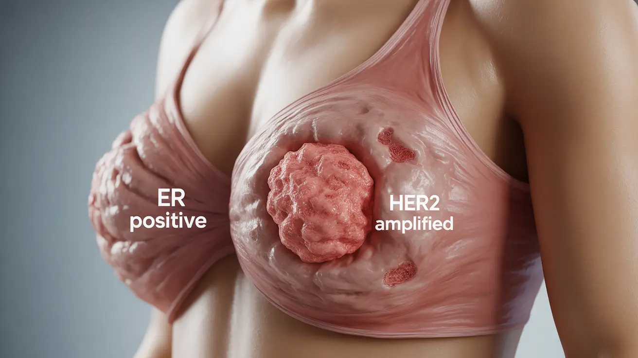 Illustration showing human breast with highlighted luminal B cancer areas and molecular markers like hormone receptors and HER2.